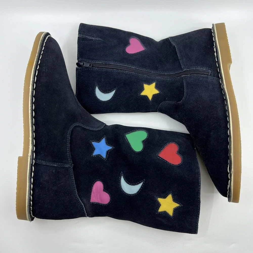 NEW Boden Suede Applique Boots Girls 4.5 Navy‎ Blue Hearts Stars Moon Zip Up